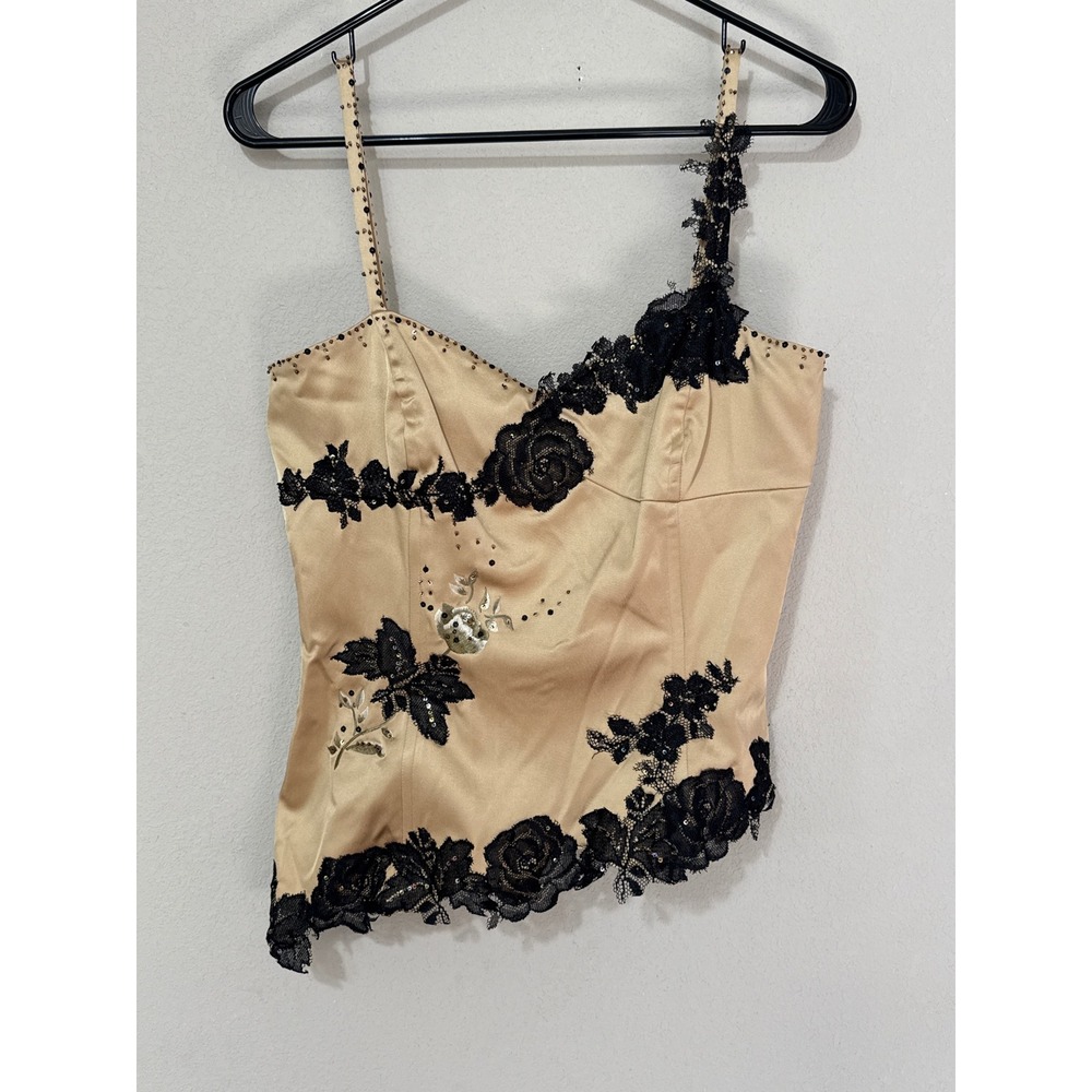 Adrianna Papell Lace Corset Top Size 10 Gold Black Beaded Y2K Asymmetric Boning